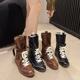 Casual Retro Versatile Inner Heightening Boots for Women 2025 New Versatile British Style Round Toe Lace-Up Sports Short Boots