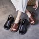 Fish mouth sandals for women 2025 summer new retro leather round toe thick heel shoes casual buckle hollow Roman shoes