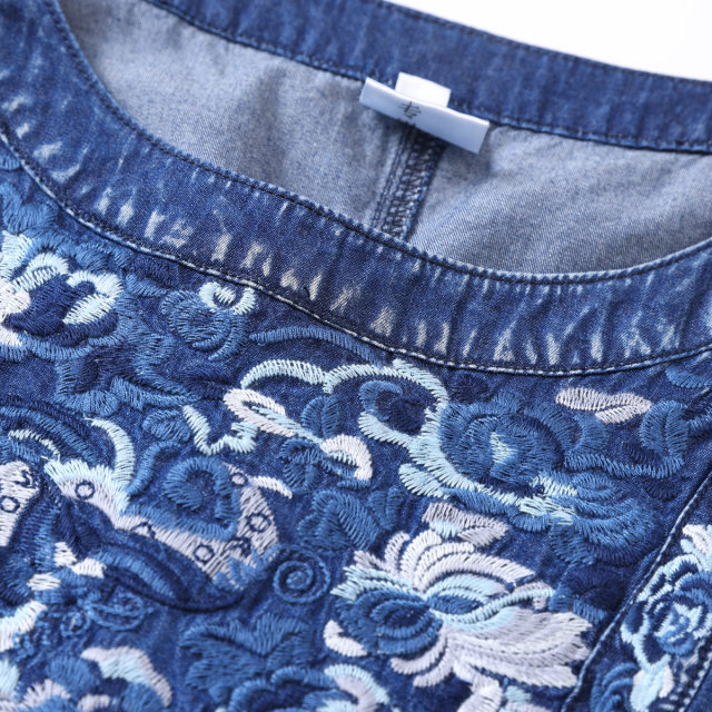 2024 summer ladylike temperament ruffled round neck short-sleeved denim dress embroidered loose large size long skirt 82676