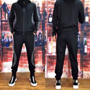 T011 autumn men's hooded jacket, small leg pants, two-piece patchwork casual sports set, trendy and handsome