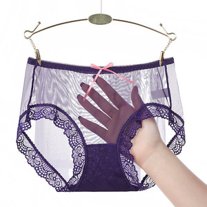 Fully transparent cotton-stitched women's sexy underwear lace edge mesh breathable cool large size mid-low waist briefs
