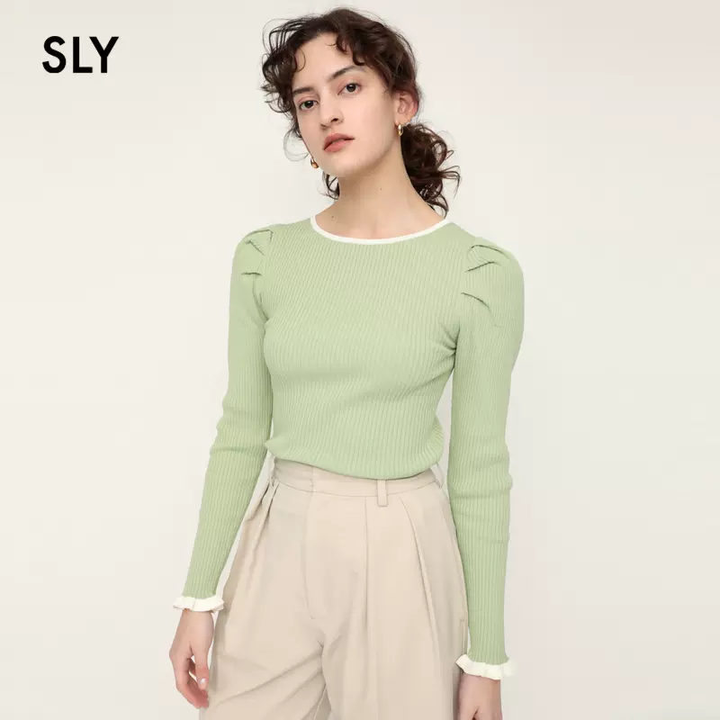 SLY2022早春法式羊腿袖木耳边修身内搭针织衫女030FSZ70-3060-Taobao