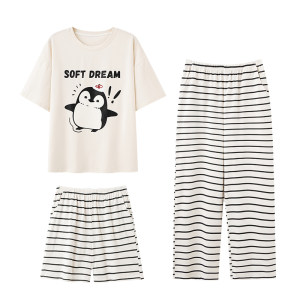 芬腾可安睡衣女款2026新款夏季纯棉短袖长裤三件套企鹅家居服夏天