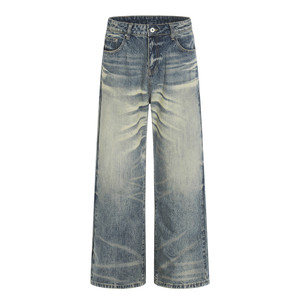 
HY711 Washed storm blue whiskers A-line straight-leg loose jeans for men and women cleanfit pants