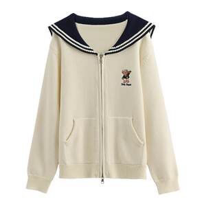 
Mori Girl Tribal College Style Navy Collar Knitted Cardigan Women's 2026 New Bear Embroidered Loose Slim Sweater Winter