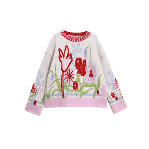 
Original design of uare tulip garden dopamine contrasting flower towel jacquard round neck sweater