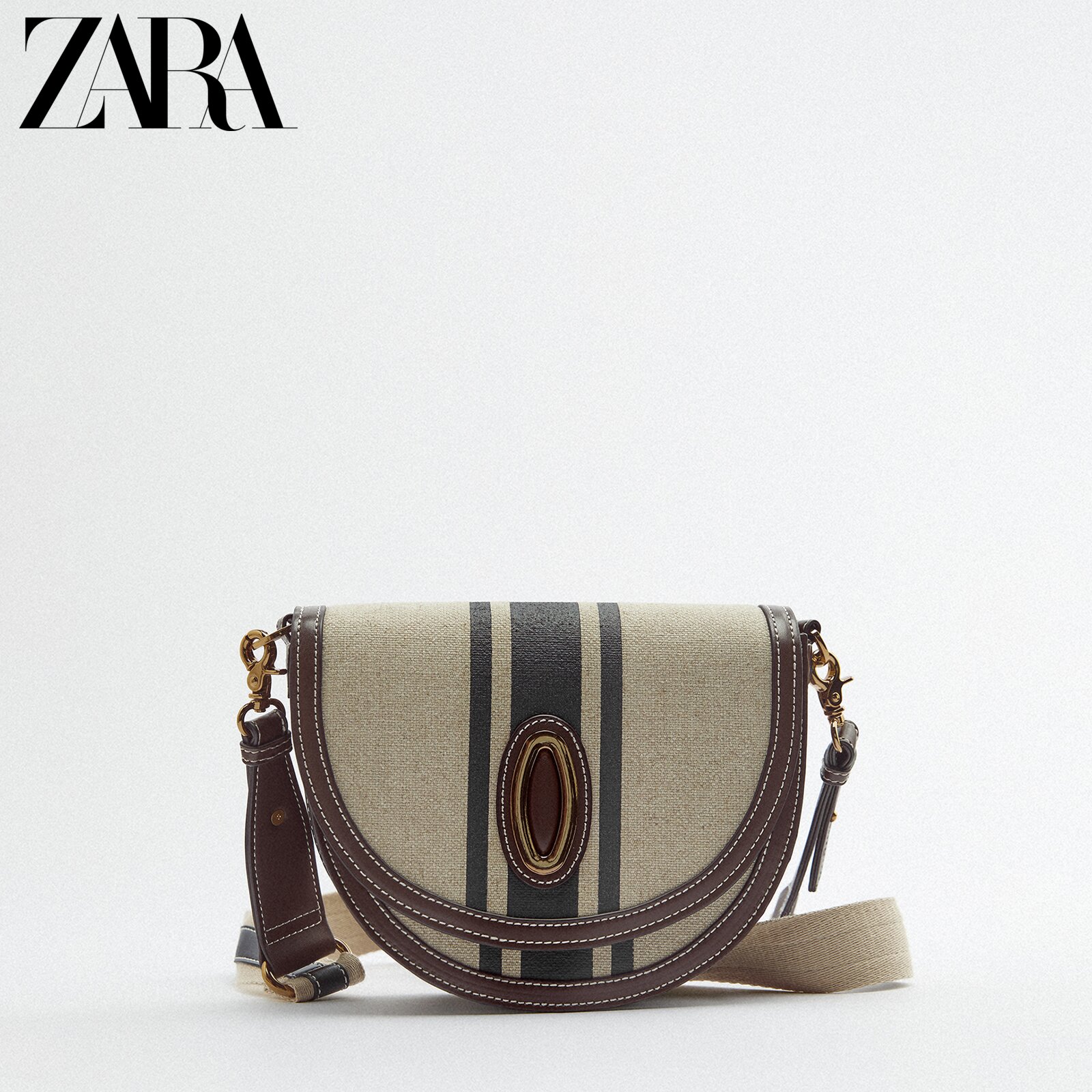 ZARA spring and summer new women's bag beige canvas classic shoulder gly shoulder saddle bag 6383910 102
