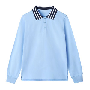 
Primary and secondary school spring, autumn and summer blue and white long-sleeved polo shirts children's pure cotton boys and girls school uniform bottoming shirts