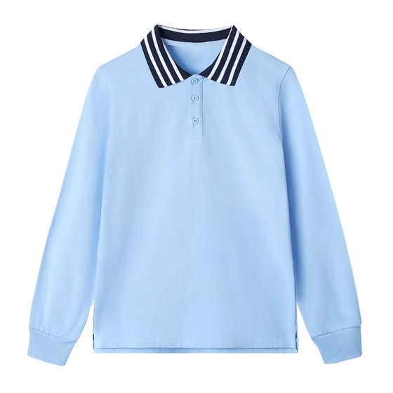 
Primary and secondary school spring, autumn and summer blue and white long-sleeved polo shirts children's pure cotton boys and girls school uniform bottoming shirts
