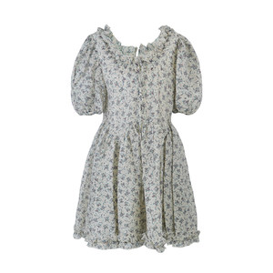 Aaaaxbbb Mavikash Lake Fragmented Flower Short sleeved Dress V-neck Bubble Sleeve High Waist Tencel Short Dress Summer