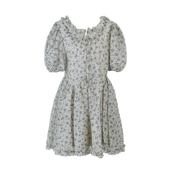 Aaaaxbbb Mavikash Lake Fragmented Flower Short sleeved Dress V-neck Bubble Sleeve High Waist Tencel Short Dress Summer