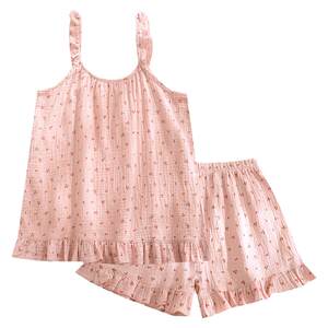 
Summer thin cotton gauze bubble cotton gauze sweet little cherry cotton suspender shorts home clothes pajamas set women