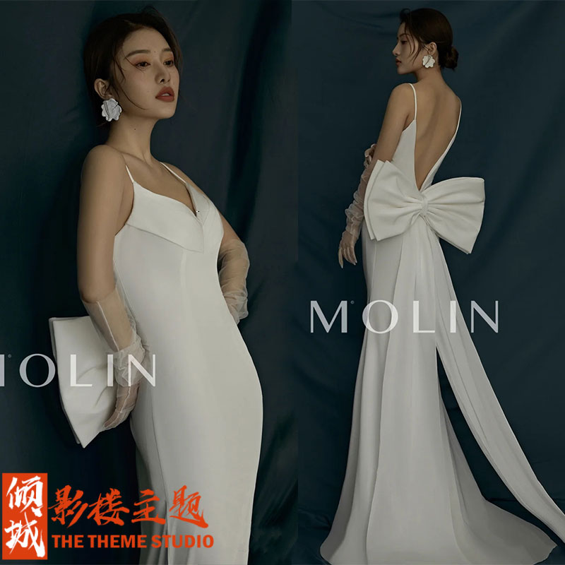 Clothing suitable for photo sessions for beloved, wedding dress with bow, backless, 