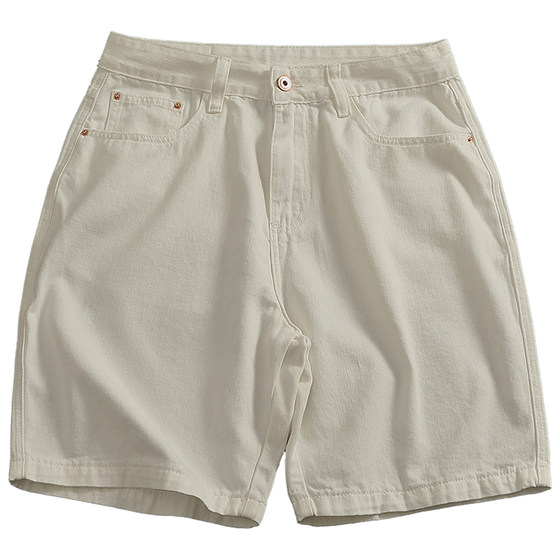 Washed old white black denim shorts men's simple and versatile loose straight lazily casual mid-pants five-point pants