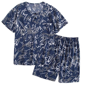 
Middle-aged men's summer cotton silk loose thin air conditioning pajamas short-sleeved shorts round neck set artificial cotton silk home clothing