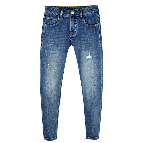 
Soft premium/nine-point jeans for men/blue vintage wash/trend stretch/slim fit jeans