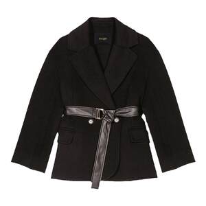 
Maje Outlets Autumn and Winter Women's Wool Blend Black Suit Collar Tie Waist Short Woolen Coat