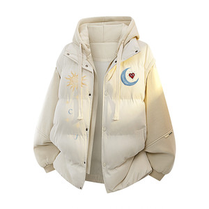 
Charles peach heart sun and moon print fake two-piece spliced hooded cotton jacket for men and women winter warm and versatile couple jacket