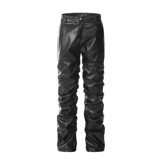 European and American street folds stacked leather pants men and women cyberpunk rock PU straight long pants subculture design
