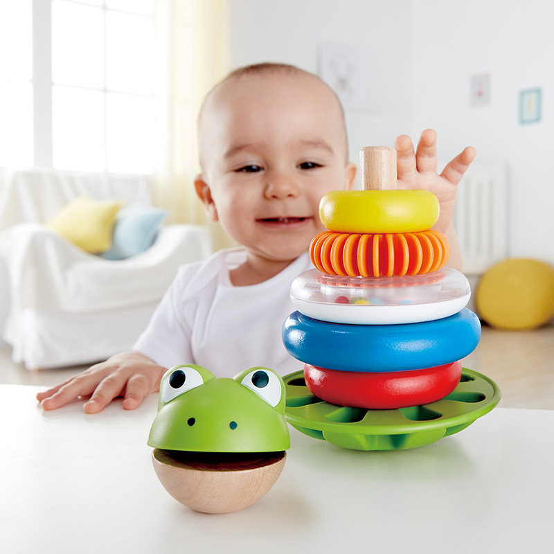 Hape青蛙花式圆环堆塔彩虹套圈叠叠乐1岁+儿童益智力堆堆层层玩具