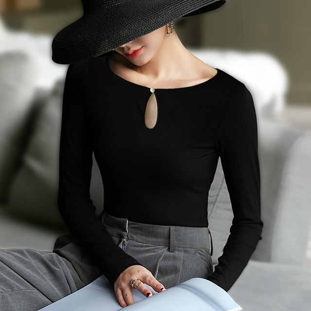 ເສື້ອຍືດແຂນຍາວຂອງຜູ້ຍິງ slim fit autumn style one-line collar bottoming shirt slimming black small round neck ribbed knitted top