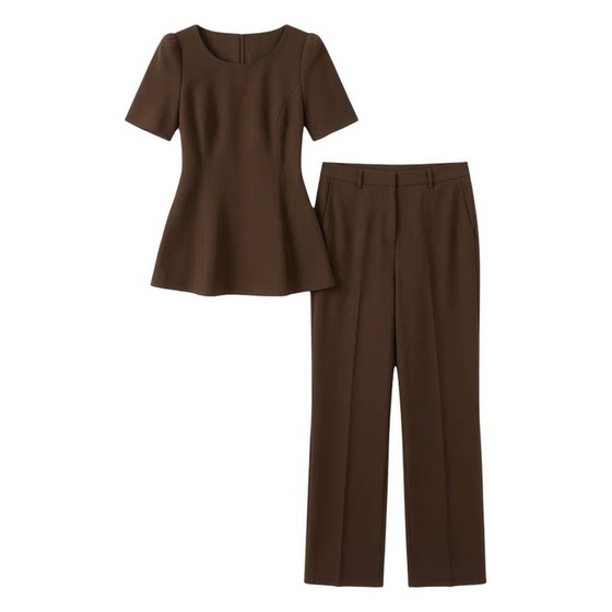 
Plus size women's summer and autumn commuting style short-sleeved waist slim fit top wide-leg pants two-piece set fat mm slimming suit
