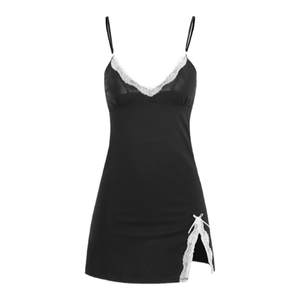 
FUNNY KITTEN sexy nightgown suspender girls black pajamas slim dress women with breast pad summer