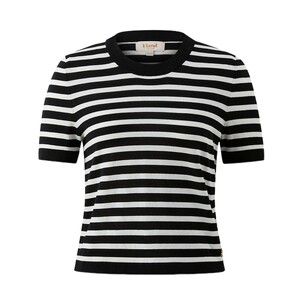 
Eland knitted T-shirt women's contrast striped round neck short-sleeved casual slightly waisted slim cotton top summer