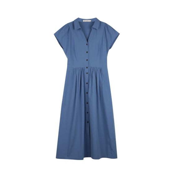 
solighter French retro blue v-neck shirt dress summer new slimming waist temperament long skirt