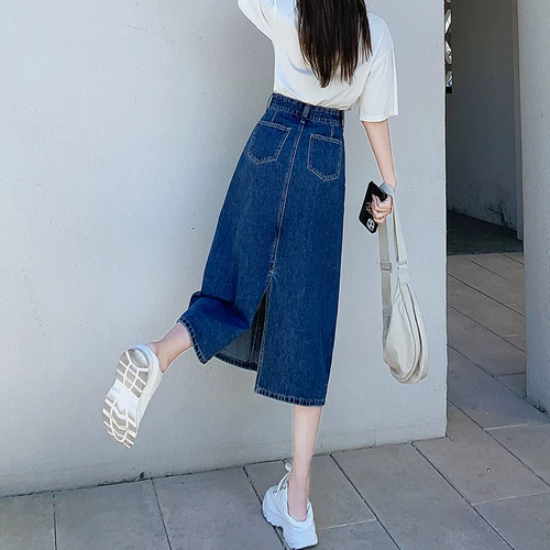 Синяя демисезонная приталенная джинсовая юбка, коллекция 2022, высокая талия, А-силуэт