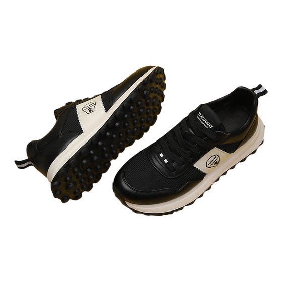 
2026 Spring New Style Comfortable Leather Mesh Splicing Men's Shoes Genuine Leather Fashion Casual Shoes Lightweight Thick-soled Popular Little Black Shoes