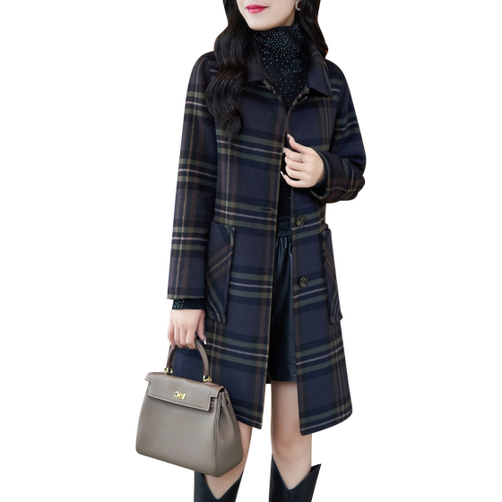 Checkered woolen coat for women's 2023 new autumn/winter mid length double-sided woolen coat for small stature Korean version versatile