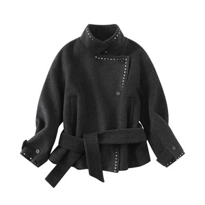 
BNMGIN old money style reversible stand-up collar woolen coat for women, Korean mid-length retro rivet lace thick coat