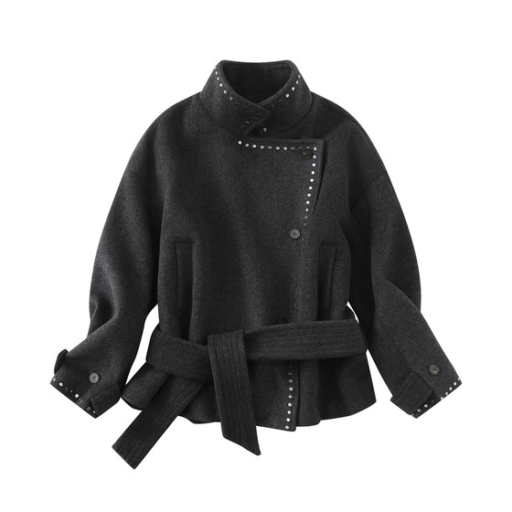 
BNMGIN old money style reversible stand-up collar woolen coat for women, Korean mid-length retro rivet lace thick coat