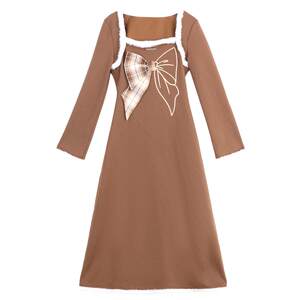 
KEIKO Creative Bow Decorated Slim Square Neck Dress 26 Early Spring Retro Top Slim Fit Hip Long Skirt