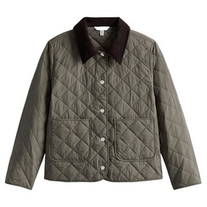 
HM women's cotton-padded jacket, thin contrasting color cotton-padded jacket, rhombus pattern, corduroy collar, quilted jacket 1000038