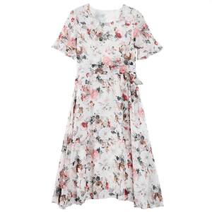 
Short-sleeved chiffon dress for women in summer 2025 new style waist-hugging and slim-fitting temperament long floral skirt large size long skirt