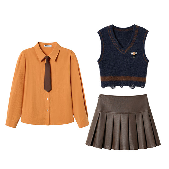 
Fabric Pig Caramel Orange Maillard Wearing College Style Shirt Vest Set Women's Autumn and Winter Short Skirt Three-piece Set