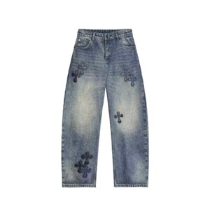 
Autumn and winter American trendy brand retro washed straight jeans men's versatile fine embroidered leather logo casual pants