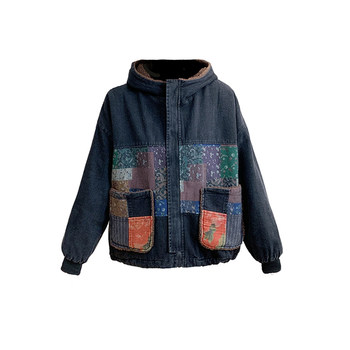 
Women's velvet thickened washed denim hooded warm jacket