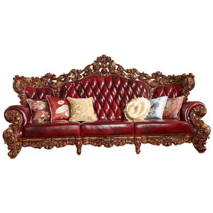 
European-style genuine leather sofa, high-end solid wood carved living room leather sofa combination, European-style residential furniture