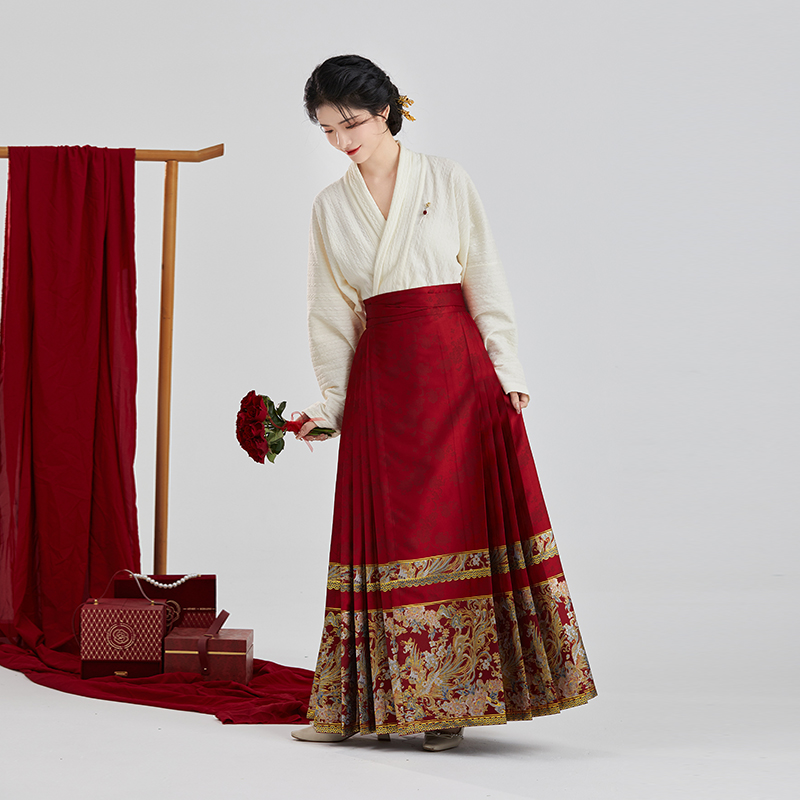 织造司 原创明制汉服[缔结]改良飞机袖新中式红色马面裙女日常套装