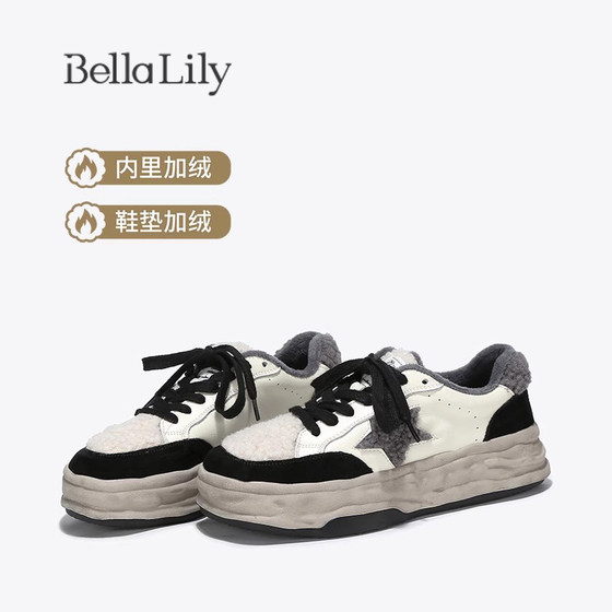 BellaLily春新款港风加绒休闲鞋女保暖松糕鞋加毛运动鞋子