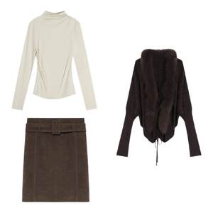 Eryang Design [Hui Feng] Detachable Fur Collar Retro Brown Cardigan Sweater Jacket Women's Suede Skirt Suit