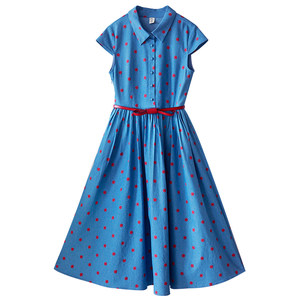 [Danning Xia language] Original retro round polka dot shirt collar denim dress for women in summer short-sleeved waist temperament