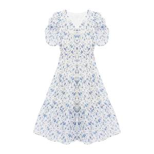
IAmMIX27 summer floral V-neck dress for women with high waist slim puff sleeves thin chiffon skirt for women midi skirt