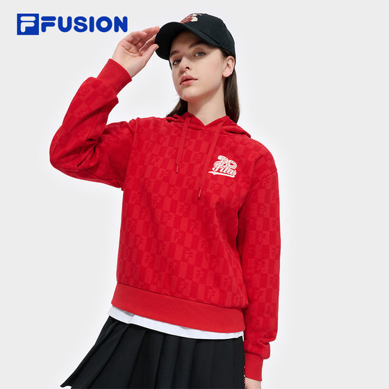 FILA FUSION斐乐潮牌新年款女连帽卫衣2025春季新款满印格子上衣