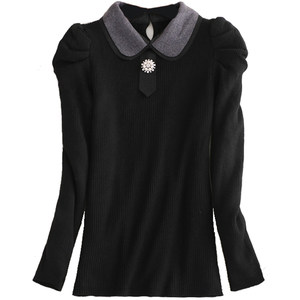 Autumn and winter new sweater women's sleeve Korean version of slim slim lapel inlaid long -sleeved wild knitted bottom shirt
