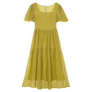 
[Clearout Special] Textured Square Neck Dress for Women with Puff Sleeves Spring New Style French Style Slim Long Dress