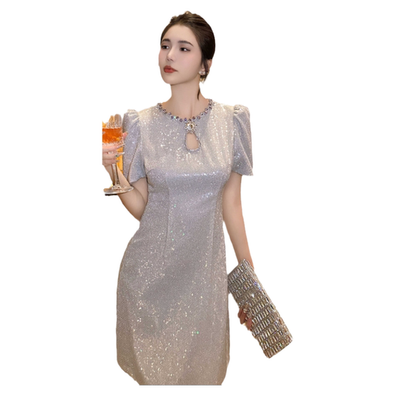 French heavy work high -end showdown dress together with female summer high waist round collar small sequins birthday little dress